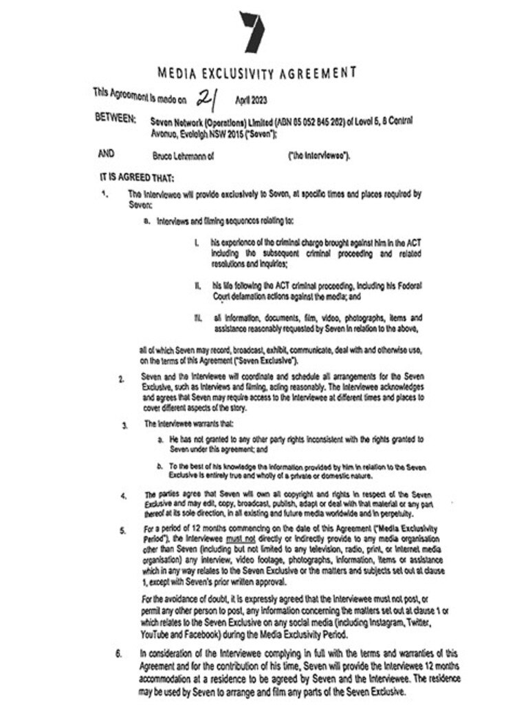 A copy of Bruce Lehrmann's agreement with Channel 7. Picture: Supplied.