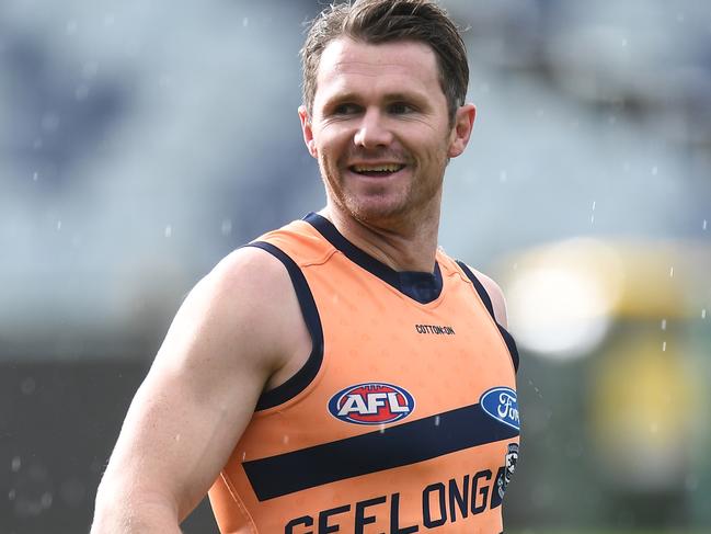 Patrick Dangerfield is seen during a Geelong Cats training session at GMHBA Stadium in Melbourne, Wednesday, May 29, 2018. The Cats will play the Sydney Swans on Saturday, June 1. (AAP Image/Julian Smith) NO ARCHIVING