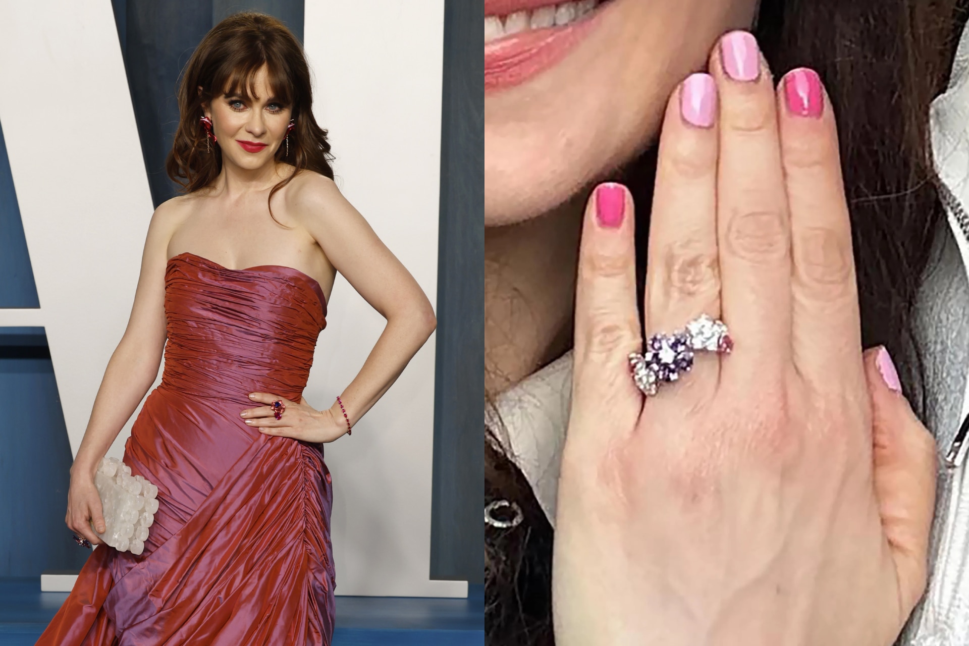 <h3><b>Zooey Deschanel</b></h3><p>Zooey Deschanel&rsquo;s &lsquo;Folie de Pres&rsquo; (which translates literally to &ldquo;madness up close&rdquo; in French) ring from Van Cleef &amp; Arpels consists of three floral clusters, including a central configuration of purple sapphires surrounding a white diamond. Two pink sapphires frame the flowers, and the gemstones sit on a band plated with white gold.&nbsp;</p>