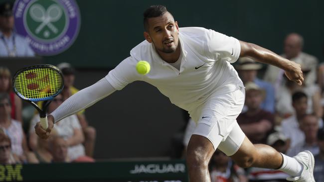 Nick Kyrgios in action against Rafael Nadal at Wimbledon. Picture: AP