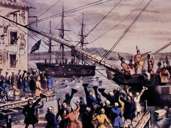 Nathaniel Currier 1846 lithograph "The Destruction of Tea at Boston Harbour.' Public domain image