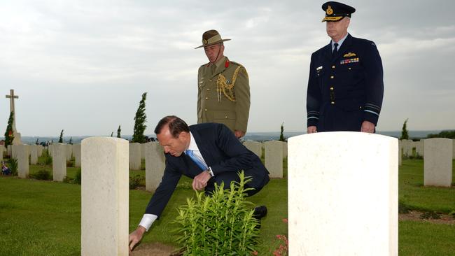 Tony Abbott visits the Australian National Memorial in Villers-Brettoneux. Picture: Jake Nowakowski