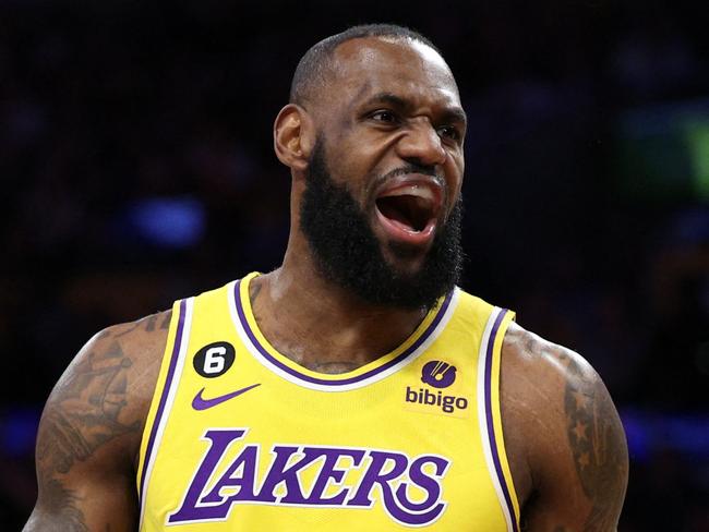 LOS ANGELES, CALIFORNIA - MAY 08: LeBron James #6 of the Los Angeles Lakers reacts against the Golden State Warriors during the first quarter in game four of the Western Conference Semifinal Playoffs at Crypto.com Arena on May 08, 2023 in Los Angeles, California. NOTE TO USER: User expressly acknowledges and agrees that, by downloading and or using this photograph, User is consenting to the terms and conditions of the Getty Images License Agreement.   Harry How/Getty Images/AFP (Photo by Harry How / GETTY IMAGES NORTH AMERICA / Getty Images via AFP)