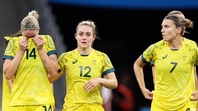 MARSEILLE, FRANCE - JULY 31: Alanna Kennedy #14 of Team Australia shows her dejection after losing the Women's group B match between Australia and United States during the Olympic Games Paris 2024 at Stade de Marseille on July 31, 2024 in Marseille, France. (Photo by Alex Livesey/Getty Images)