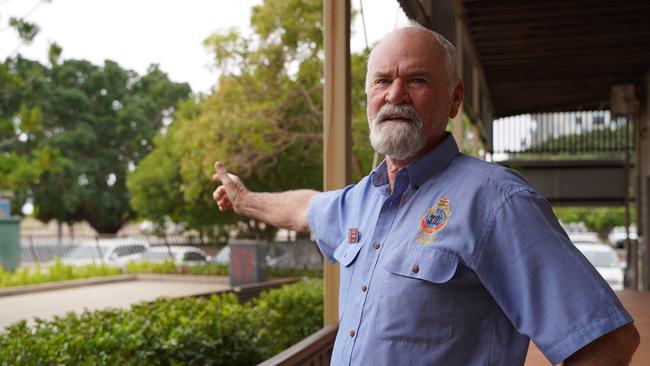 From the backdoor of Mackay RSL sub-branch’s new headquarters along Sydney Street, president Ken Higgins points to where the proposed RSL Club will be built along the riverfront on the corners of Brisbane and River Street. Picture: Heidi Petith