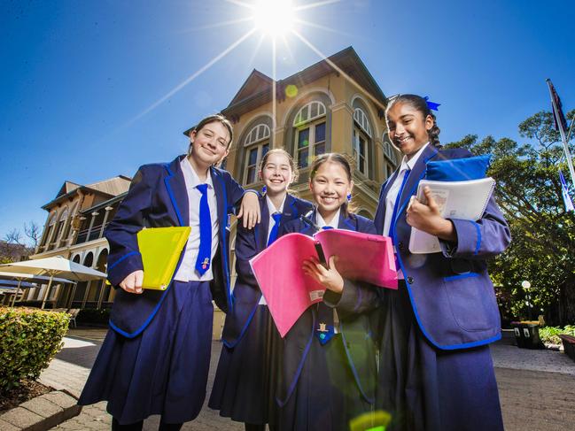 *For Wednesday* NAPLAN preview - Brisbane Girls Grammar are expected to be one of the state's top performing schools for NAPLAN results this year. L-R: Brisbane Girls Grammar Year 7 girls Elsie Butler, Eva Lusk, Aily Chang and Alyssa Godinho.Picture: NIGEL HALLETT