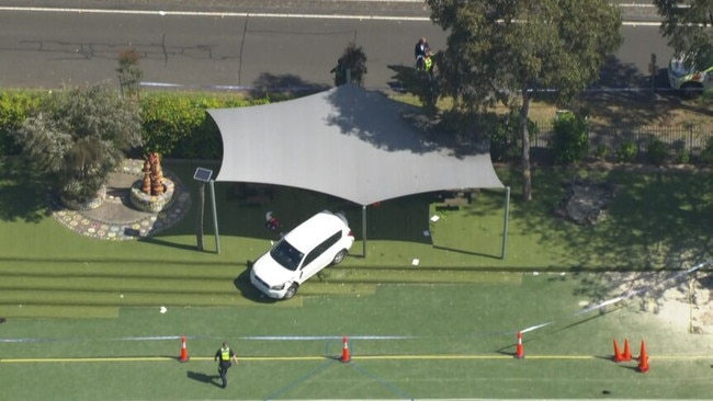 A white car crashed through a fence into the front of Auburn South Primary School in Melbourne's east. Picture: ABC News