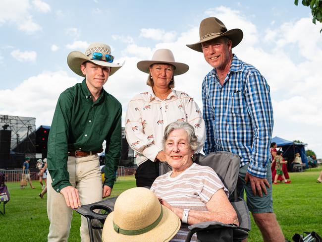 Ready for Lee Kernaghan are (from left) Jack, Suzanne (front), Belinda and Ted Callanan at Wellcamp Airport 10th anniversary community day, Sunday, November 10, 2024. Picture: Kevin Farmer