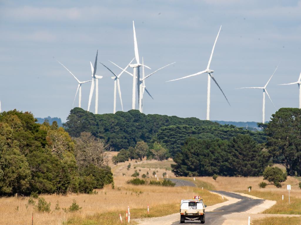 Wind Turbines for green electricity production near Ballan in Victoria’s west. Capacity is set to triple by 2030-31, according to AEMO. Picture: Jason Edwards