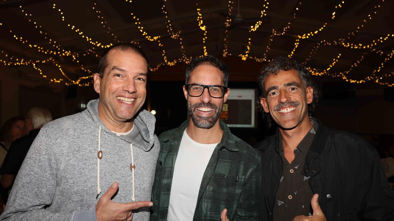 Tiago Falcao, Fernando Gallo and Rodrigo Ximenes at the Save the Waves Film Festival at Tom Atkin Hall for Gold Coast at Large. Picture, Portia Large.