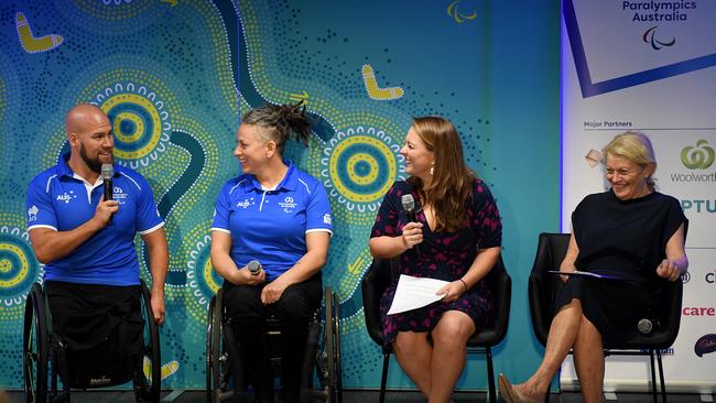 Kate McLaughlin, Chef de Mission of the 2020 Australian Paralympic Team (second right) along with Lynne Anderson, CEO of Paralympics Australia (right), speak with Ryley Batt and Danni Di Toro. PICTURE: AAP