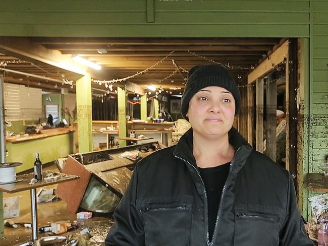 Brookfield’s owner, Julia Ridgers surveys the significant damage to the dining room. Picture: MATHEW FARRELL