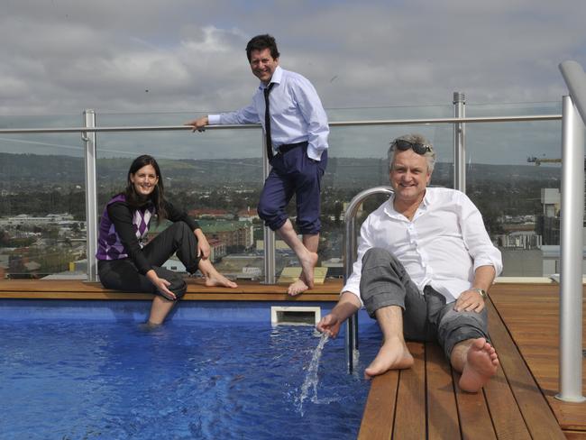 Employees enjoy the rooftop pool at Aurora on Pirie in Adelaide. Picture: News Corp Australia