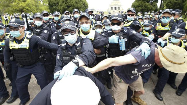 Protesters clash with frontline police. Picture: Daniel Pockett