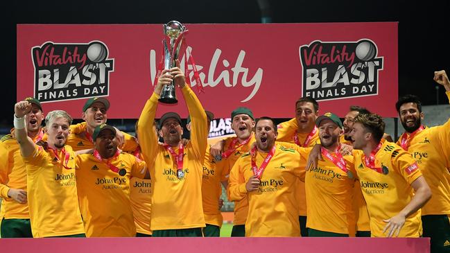 Nottinghamshire captain Dan Christian lifts the Vitality Blast Trophy with his teammates after victory over the Outlaws at Edgbaston in October.