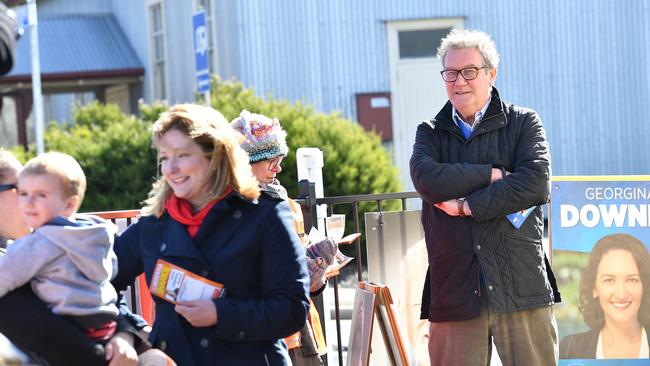 Alexander Downer watching Centre Alliance candidate Rebekha Sharkie campaigning at Mt Barker earlier this week. She wrested Mayo away from the Liberal Party in 2016 — and is tipped to do it again.