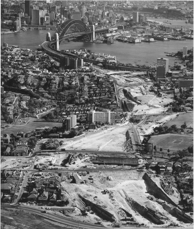 This aerial photograph of Warringah Expressway construction taken for the Department of Main Roads in the early 1960s shows the extent of demolition that occurred to build the road.