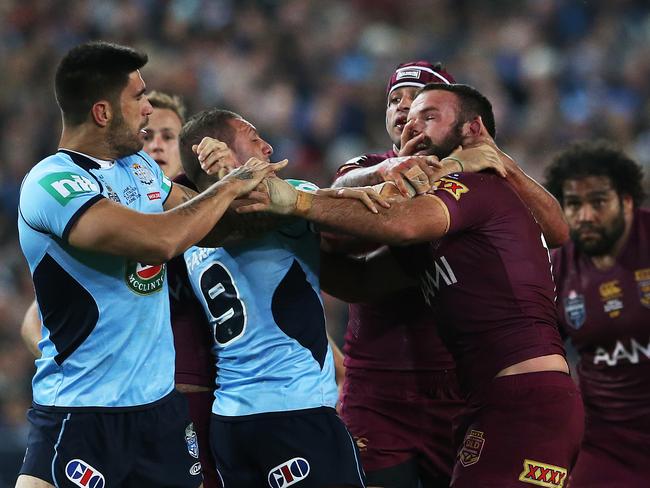 NSW's James Tamou and QLD's Nate Myles fight during Game 2 of State of Origin series NSW Blues v Queensland Maroons at ANZ Stadium, Sydney. pic. Phil Hillyard