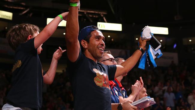 Crows star Eddie Betts celebrates a 36'ers 3-point shot during the semi final match against the Perth Wildcats in Adelaide. Picture: Paul Kane/Getty Images