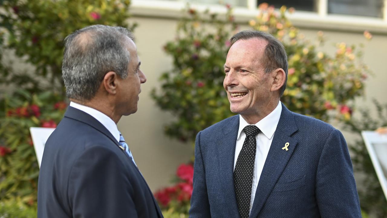 Israeli Ambassador to Australia Amir Maimon (left) and former prime minister Tony Abbott speaking at the vigil. Picture: NewsWire / Martin Ollman