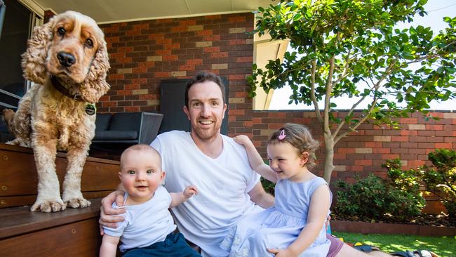 Andrew Day with kids Hamish and Phoebe, and dog Boris. Picture: Jason Edwards