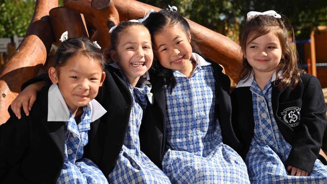 Strathcona Girls Grammar has grown 13 per cent in the past decade Evelyn, Evie, Savannah and Celine among the school’s newest students. Picture: Josie Hayden