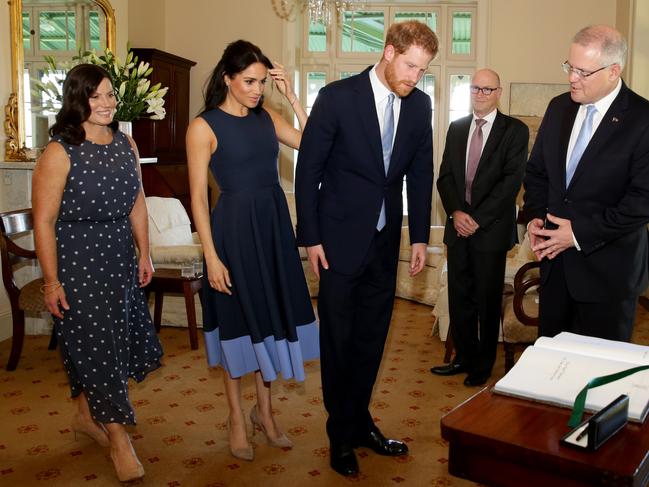 Harry and Meghan meeting the Prime Minister Scott Morrison and his wife Jenny in Sydney. Picture: Jonathan Ng