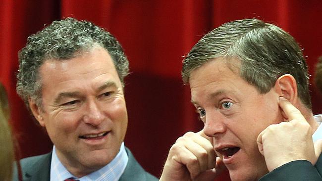 Mr Langbroek (left) says current LNP leader Tim Nicholls should be given the courtesy of having a party room discussion first after the election result is clarified before any leadership talk. Picture: Glenn Barnes