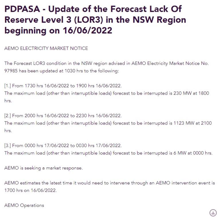 NSW, Victoria and South Australia have been given Level 3 LOR warnings. Picture: AEMO.