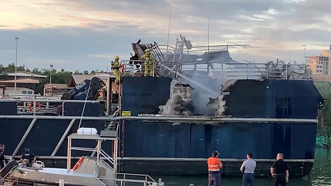 A 24m commercial vessel at Hornibrook’s Wharf in Frances Bay has gone up in flames in a fire sending choking plumes of smoke across the Darwin CBD.