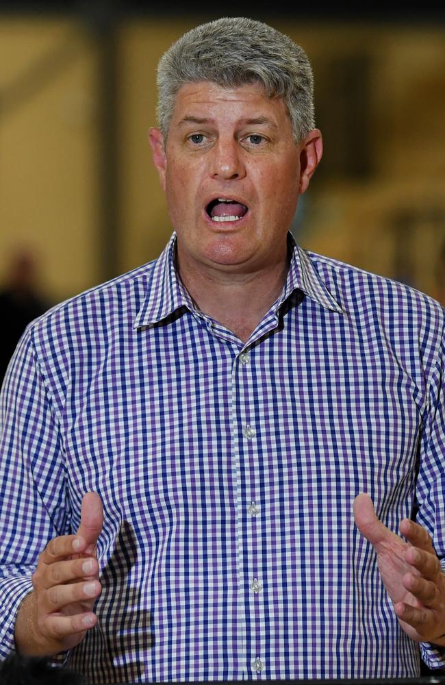 BRISBANE, AUSTRALIA: Queensland Minister for Local Government Stirling Hinchliffe speaks at a press conference after Premier Annastacia Palaszczuk officially opened the Northside Indoor Sports Centre in Zillmere, on Brisbane's Northside, while on the election campaign trail.