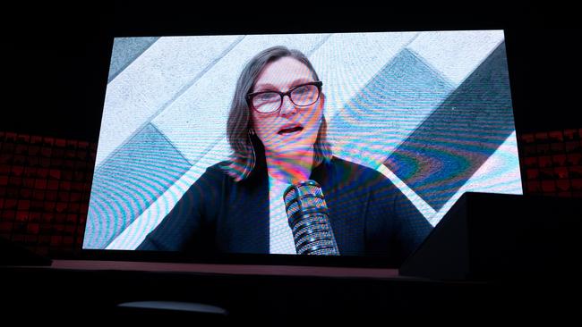 Cathie Wood addresses the Sohn Hearts &amp; Minds conference in Sydney. Picture: Renee Nowytarger.