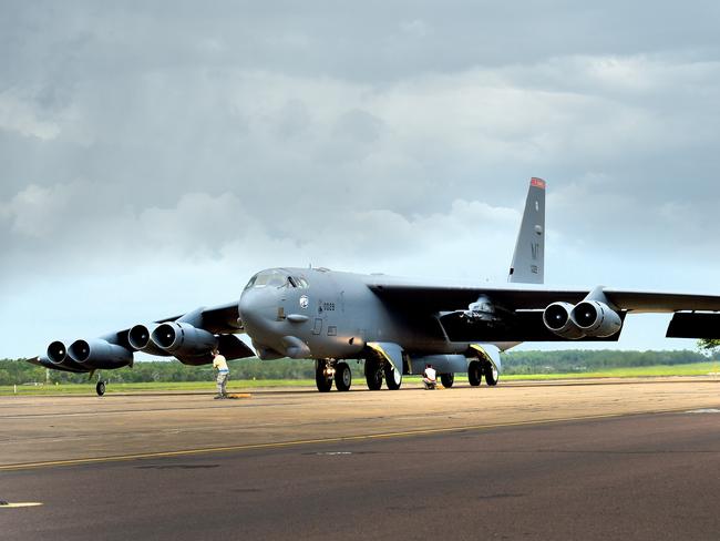 A US Air Force B-52 bomber arrives at RAAF Darwin.