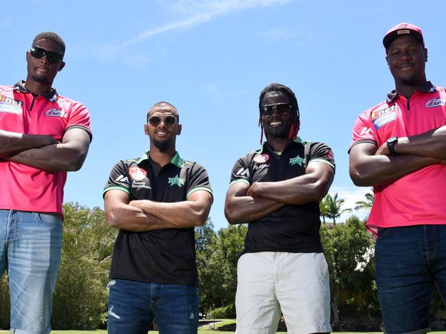 GOLD COAST, AUSTRALIA - NewsWire Photos DECEMBER 23 2020: Sixers players Carlos Brathwaite (L) and Jason Holder (R) with Nicholas Pooran (second left) and Andre Fletcher at a media opp on the Gold Coast. Picture: NCA NewsWire / Steve Holland