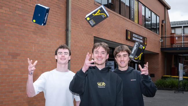 Jude Payne, Kaine Shaw and Oliver Sanders after the VCE English exam. Picture Brad Fleet