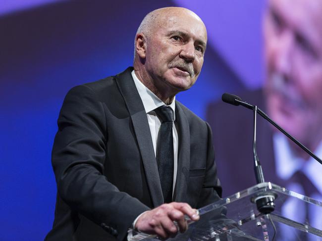 Ken Hunter speaks after being inducted to the Australian football Hall Of Fame in 2019. Picture: Daniel Pockett