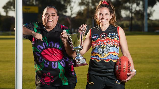 Captains Crystal Sumner from the Aboriginal All-Stars and Rhiannon Busch from the ADF Guyala ahead of the Campfire Cup. Picture: Matt Loxton