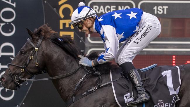 Stephanie Thornton rides The Odyssey to victory in race 7, the QTIS Jewel 3YO, during the QTIS Jewel Raceday at Aquis Park on the Gold Coast, Saturday, March 14, 2020. (AAP Image/Glenn Hunt) NO ARCHIVING, EDITORIAL USE ONLY