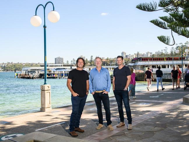 Founders of the Artemus Group, which has taken over Manly Wharf, Adam Flaskas (left) and Paul Henry (centre), with their CEO Luke Fraser, in Manly.