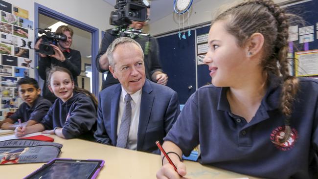 Bill Shorten at Croydon Hills Primary School in Melbourne yesterday. Picture: AAP