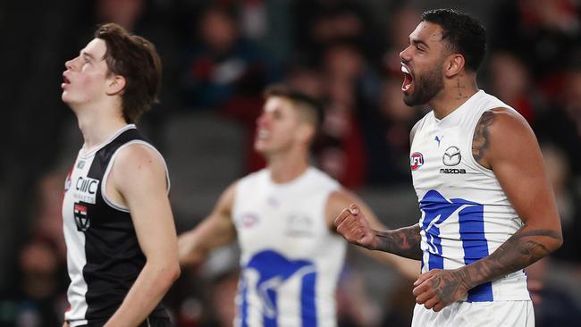 MELBOURNE, AUSTRALIA - July 23 , 2023. AFL . Tarryn Thomas of the Kangaroos celebrates a 2nd quarter goal during the round 19 match between St Kilda and North Melbourne at Marvel Stadium on July 23, 2023, in Melbourne, Australia. Photo by Michael Klein.