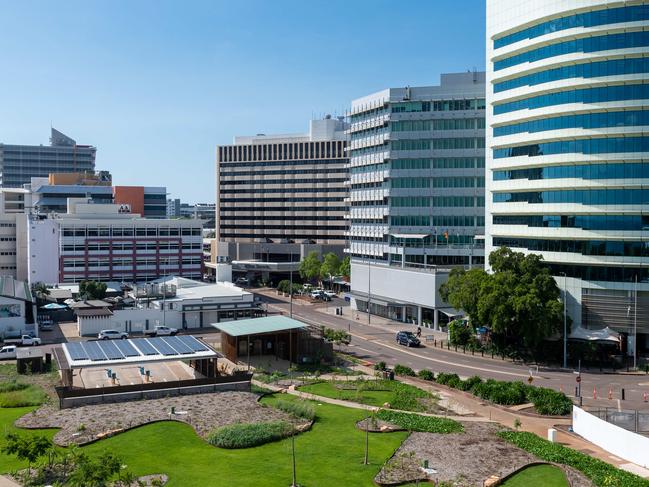 The view from the 5th floor of Parliament House, Darwin, including views of the Deck Chair Cinema, the Esplanade and the new State Square development.Picture: Che Chorley