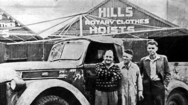 Lance Hill (l) at his Hills Hoist factory in Adelaide circa 1946.