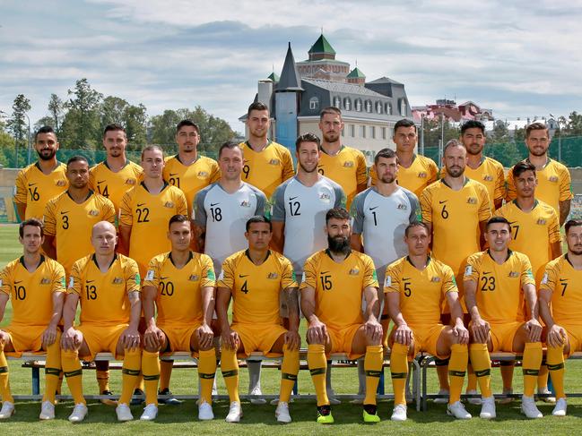 The Socceroos pose for their official team photo at Stadium Trudovye Rezervy in Kazan, Russia ahead of their World Cup campaign beginning against France this Saturday. Back row L-R Aziz Behich, Jamie Maclaren, Dimitri Petratos, Tomi Juric, Milos Degenek, Andrew Nabbout, Massimo Luongo and Josh Risden. Middle row L-R James Meredith, Jackson Irvine, Danny Vukovic, Brad Jones, Mathew Ryan, Matthew Jurman and Daniel Arzani. Front row L-R Robbie Kruse, Aaron Mooy, Trent Sainsbury, Tim Cahill, Mile Jedinak, Mark Milligan, Tomas Rogic and Mathew Leckie. Picture: Toby Zerna