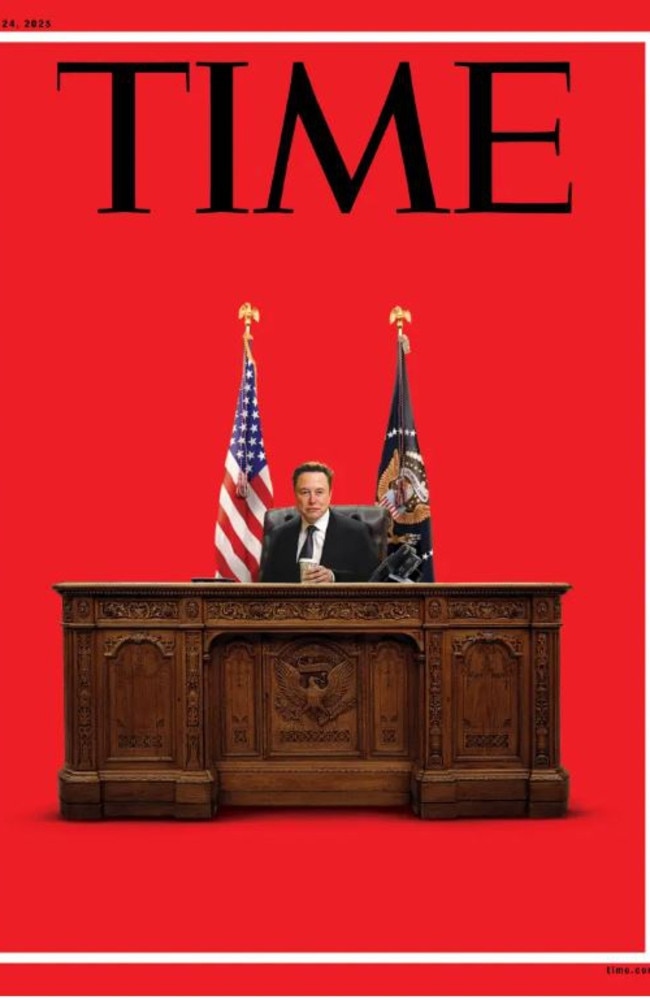 Time Magazine cover features Elon Musk behind the Resolute Desk at the Oval Office.