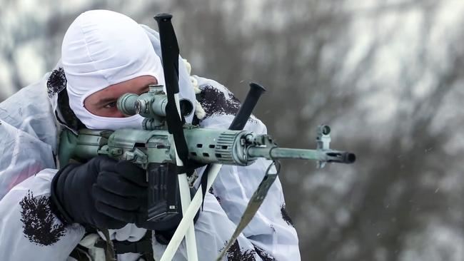 A Russian sniper during a tactical drill in Tambov Oblast, Russia. Picture: Getty Images.