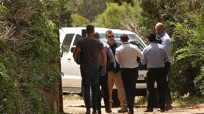 Police at the scene where a man was shot on Bacchus Marsh Rd, Lara. Picture: Alison Wynd