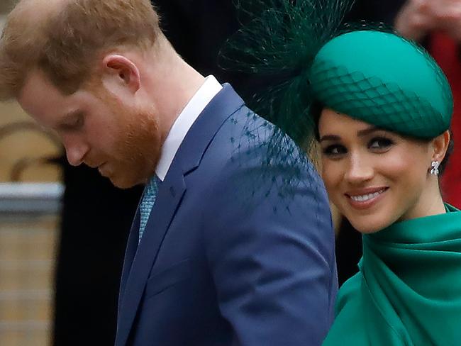 Britain's Prince Harry, Duke of Sussex, (L) and Meghan, Duchess of Sussex arrive to attend the annual Commonwealth Service at Westminster Abbey in London on March 09, 2020. - Britain's Queen Elizabeth II has been the Head of the Commonwealth throughout her reign. Organised by the Royal Commonwealth Society, the Service is the largest annual inter-faith gathering in the United Kingdom. (Photo by Tolga AKMEN / AFP)