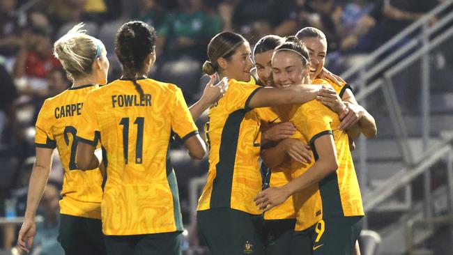 SAN ANTONIO, TX - APRIL 7: Caitlin Ford #9 of Australia celebrates her goal against Mexico  in the second half at Toyota field on April 7, 2024 in San Antonio, Texas. (Photo by Ronald Cortes/Getty Images)