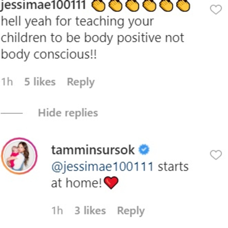 After one fan congratulated her for teaching her kids, Phoenix, six, and Lennon, one, to be body positive, Tammin responded, it ‘starts at home’. Picture: Instagram/TamminSursok